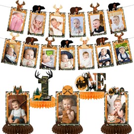 Hunting 1st Birthday Party Decorations, Camo Deer Hunting 12 Monthly Milestone Photo Banner Baby First Year Down Camo Deer Theme Photo Table Centerpiece for Hunting First Theme Party