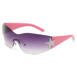 YUELUQU Rimless Y2K Sunglasses - for Women Men Oversized Wrap Around Cycling Eyewear UV400 Protection outdoor (Purple-pink)