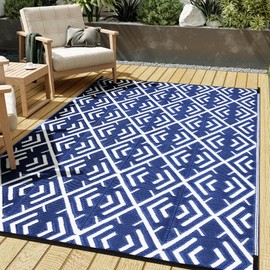 HUGEAR Outdoor Plastic Straw Rug, Waterproof Outdoor Rugs for Patios Clearance, Reversible Area Rug, Large Outside Carpet for Camping, Balcony, RV, Deck, Picnic, Beach (5x8ft Boho/Blue&White)
