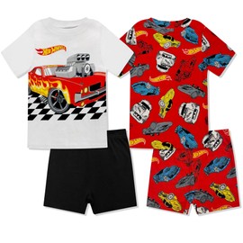 Hot Wheels Boys Pajama Set - 4 Piece Short Sleeve & Shorts Pajama Set - 100% Cotton Pjs, Snug-Fit Kids Summer Pajamas Red White