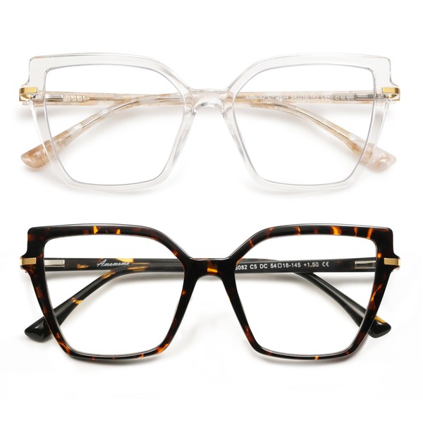 AMOMOMA 2PACK Trendy Square Blue Light Blocking Reading Glasses for