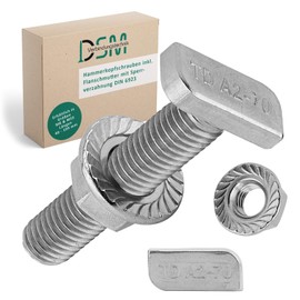 DSM - Hammer Head Screws with Flange Nut M8 x 50 mm - Type 28/15 - A2 Stainless Steel - Nut with Locking Toothing According to DIN 6923 - Mounting Kit for Aluminium Profiles, Solar Panels, C Profiles