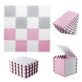 Tamiplay 16 Tiles Foam Play Mat, 0.4 Inch Thick Foam Interlocking Floor Mats, Soft Eva Baby Play Mat, Solid Colored Puzzle Play Mat Kids Floor Mats for Toddler with Storage Bag(White/Light Gray/Pink)