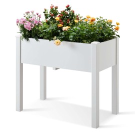 Psilvam Raised Garden Bed with Legs, Poly Lumber Raised Planter Box, Outdoor Elevated Garden Bed Suit for Backyard, Patio, Balcony 34" D x 18" W x 30" H（White）