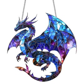 Dragon Dreamcatcher Suncatcher, Mystical Dragon Acrylic Ornament Stained Glass Effect Window Hanging Colourful Fantasy Sun Catchers for Indoor Outdoor Windows Garden Home Decor（Blue）