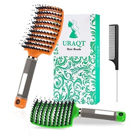 URAQT Haarbürste, Profi Entwirrungsbürste mit Griff, Haarbürste ohne Ziepen, Wildschweinborsten Haarstyling Bürste für Locken Lange Feine Dicke Lockige Haare (P-orange+grün)