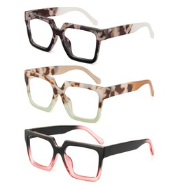 JM 3 Pack Oprah Style Reading Glasses for Women, Fashion Square Blue Light Blocking Readers +1.00