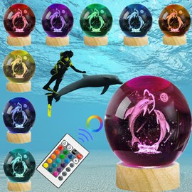 3D Crystal Ball Lamp Dolphin Model,3.2in Crystal Ball Night Light Engraved Dolphin Love Decor,Dolphins Figurines Glass Ball Lamps with Woodern Base,16 Colors Remote Control Gift for Kids,Friends,Loves