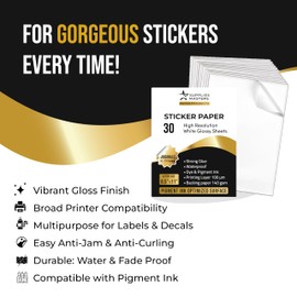 Supplies Masters, 30 Glossy Sticker Sheets 8.5 x 11", Printable Glossy High Resolution Paper for inkjet printer (DYES or PIGMENTS), Papel Adhesivo Brillante Waterproof para Stickers and Labels.