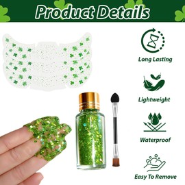 6Pcs Green Shamrock Temporary Face Tattoos & Green Gold Face Body Hair Glitter Gel - 6 PCS St. Patrick's Day Glitter Makeup Set, Lucky Irish Festival Sparkle Makeup for Women