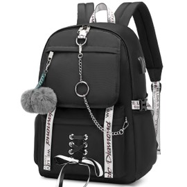 QOICYAID School Backpacks for Girls Backpack with Lunch Box Cute Kids Backpack for School Girls Teens Bookbag Set (Black)