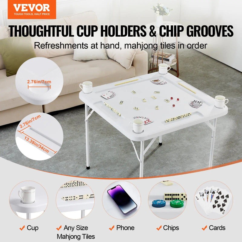 White 4-Player Folding Mahjong Table with 4 Cup Holders &