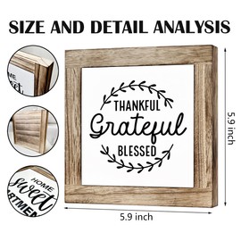 Inspirational Wood Sign, Christian Decor Sign, Farmhouse Decoration for Home Office Cubicle, Rustic Decor for Living Room, Bedroom, Thankful Grateful Blessed Sign 5.9×5.9×0.7inches