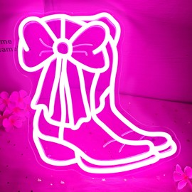 Vveikea Cowboy Boot With Pink Bow Neon Sign Cowgirl Boot Led Sign Dimmable Cowgirl Western Wall Decor Coquette Bows Pink Room Decor Aesthetic Birthday Party Gifts