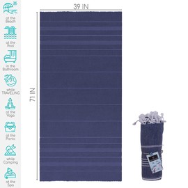 Casamollis Turkish Beach Towel, Prewashed, 100% Cotton, Soft, Absorbent, Quick Dry, Sand Free Large Oversize Beach Towels for Bathroom Camping Yoga Gym Pool Travel Size 39x71 Inches (Blue Jean)