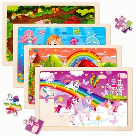 Wooden Puzzles for Kids Ages 4-6,Unicorn Princess Mermaid Fairy Kid Puzzles,24pcs Puzzles for Kids Ages 3-5,4 Pack Preschool Educational Toys Gifts for 3 4 5 Year Old Toddler Girls Boys Jigsaw Puzzle