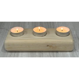 Wooden 3 Tea Light Candle Holder, 8 Inches (Natural Wood, Rounded Brick)