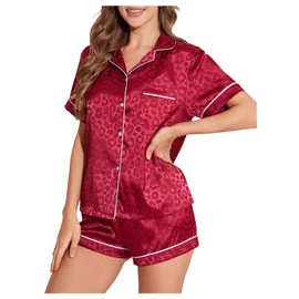 OYOANGLE Women's 2 Piece Leopard Satin Pajama Set Button Down Shirt and Shorts Pjs Sleepwear Red Medium