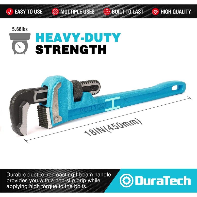 DURATECH 18-Inch Heavy Duty Pipe Wrench, Adjustable Plumbing Wrench, Malleable