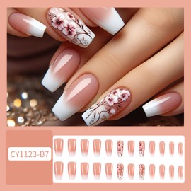 CJDLTS 24Pcs Flower Press on Nails Medium Ballet Shaped French Gradient Acrylic False Nail Floral Pattern Design Full Cover Glossy Artificial Stick on Nail Nude Press Ons Glue on Nails for Women