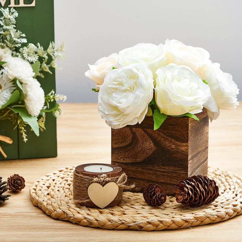 Dandat Wood Cube Planter Box Square Wood Vase Rustic Cube