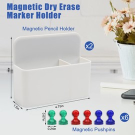 Catcan 2 Pack Magnetic Dry Erase Marker Holder, Magnetic Pencil Holder with 6 Pcs Magnetic Push Pins for School, Office, Home, Whiteboard, Fridge (White)