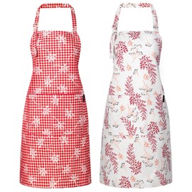 Waterproof Floral Chef Apron for Women with Pockets, Cute Stylish Adjustable Aprons for Kitchen Cooking Home Baking, Grilling and Gardening Apron (Red, 2pc of Gift Pack)