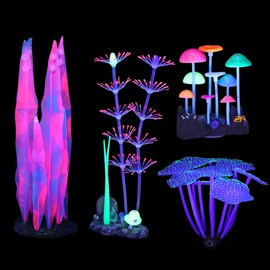 Filhome 4 Pack Aquarium Fish Tank Decorations, Soft Silicone Coral Reef Plant Mushroom Kelp Decorations Glowing Artificial Ornament for Aquarium Fish Tank Glow Ornament