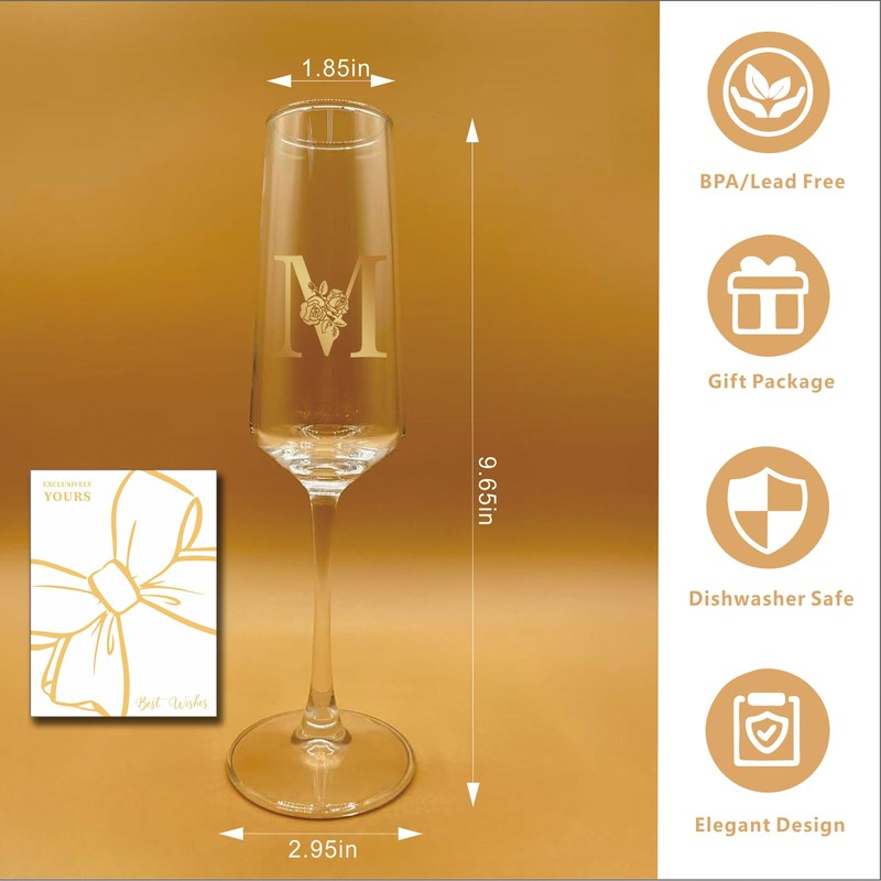 Monogrammed Champagne Flutes with Initials M,Birthday Glass Gift