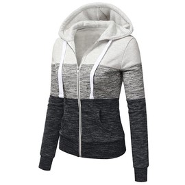 Newbestyle Hoodies for Women Color Block Hooded Sweatshirt Basic Zip-Up Jersey Jacket Long Sleeve Top with Pockets Plus Size White 2XL
