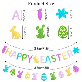 Heliltd 2Pcs Colorful Happy Easter Banner Glitter Bunny and Easter Eggs Garland No Diy Easter Party Decorations Spring Easter Banner for Mantle Home Wall Decor