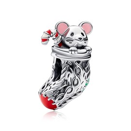 Annmors 925 Sterling Silver Festival Charm Mouse & Stocking Charm for European Xmas Bracelets & Necklace Anniversary Christmas Gifts for Family/Lover/Friends/Children