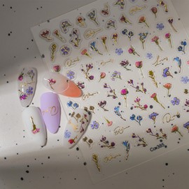 1 Sheets Spring Nail Art Stickers Hot Stamping Nail Decals Self-Adhesive 3D Gold Nail Stickers Color Cute Floral Nails Decorations Retro Rose Flower Nails Accessories for Women DIY Supplies