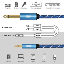 EMK AUX Jack 3.5mm to Dual 6.35 Splitter Cable Mono 6.3mm Stereo Cable Jack 3.5 Cord for Cell Phone, PC, TV, Speaker Cable 6.35mm L and R Channel AUX Splitter Cable (5m)