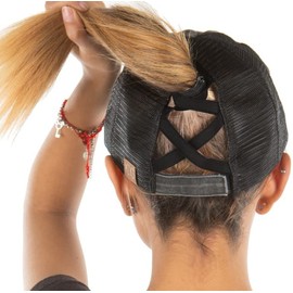Funky Junque Criss Cross Hat - Gorra de béisbol para mujer, con cola de caballo desgastada, moño desordenado, 1 negro (antiniebla)., Talla única