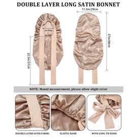 AWAYTR Long Hair Bonnet for Sleeping - Double Layer Long Elastic Tie Band Satin Bonnet for Women with Sleep Eye Mask (Champagne)