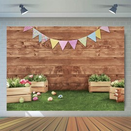 WOLADA 8x6ft Easter Wood Wall Backdrop Spring Baby Shower Photography Backdrops Rabbit Colorful Eggs Brown Grass Kids Newborn Shower Baby Photography Backdrops Fond Studio Props 11469…