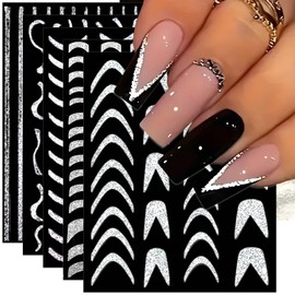 IDDFEVE Glitter French Line Nail Art Stickers - Silver Sparkly Self-Adhesive Curved Stripes, V French, Wavy Nail Decals, French Tips Guides Designs for DIY Manicure (5 Sheets)