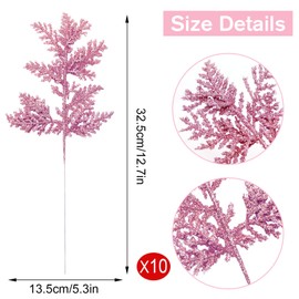MOTONG 10 PCS Glitter Artificial Christmas Tree Pine Leaves, Artificial Christmas Leaves Picks, Artificial Pine Needles Simulated Tree Branch for Xmas Tree Wreath Seasonal Decoration(Pink)