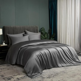 Bamboo Bed Linen Grey Dark Grey 135 x 200 cm Smooth Luxury Bamboo Fibre Summer Bed Linen Breathable Cooling Bed Linen Set Soft Single Bed Duvet Cover with Zip and 1 Pillowcase 80 x 80 cm
