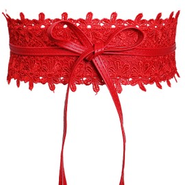 Lovful Womens Faux Leather Lace Waist Belt,Wide Wrap Around Obi Belt,Self Tie Boho Cinch Belts, Red, Medium