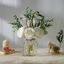 JARELING Fake Flowers with Vase Silk Rose Flowers in Vase Eucalyptus Flowers Arrangement Suitable for Home Office Decoration, Dining Table Centerpiece (Rose-White)