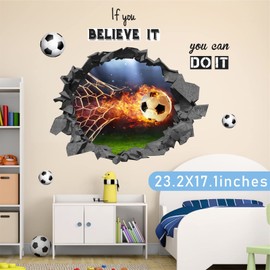 Large 3D Football Wall Sticker Soccer Wall Stickers for Bedrooms for Boys Football Player Wall Decals Peel and Stick Sport Vinyl Wall Art Stickers for Kids Room Playroom Teenagers Bedroom Accessories