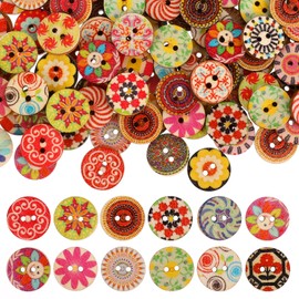 1 Inch 100 PCS Wood Buttons, Vintage With 2 Holes Natural Round Shapes Retro Mixed Pattern for DIY Sewing Craft Decorative Handmade Projects
