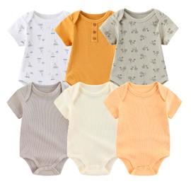 MAMIMAKA 6 Pack Newborn Baby Short Sleeve Bodysuit Cotton Babies Clothes for Boys and Girls, 3-6 Months