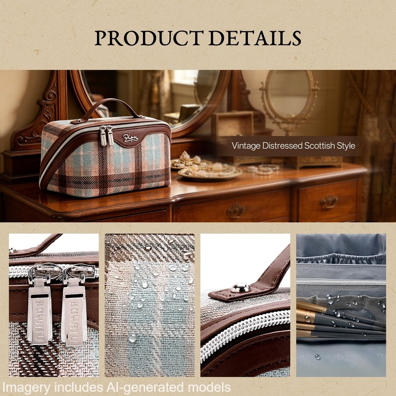 BOYATU Travel Makeup Bag for Women: Scottish Plaid 3 Pcs