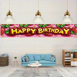 Starlit Patio Strawberry Happy Birthday Banner 20 x 118 Inch Pink Party Decorations Large Birthday Backdrop Outdoor Yard Decor Fun Celebration Sign for Kids Girls Baby Shower Birthday Party Supplies