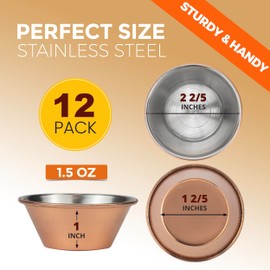 Fit Meal Prep [12 Pack 1.5 oz Stainless Steel Sauce Cups - Copper Plated Individual Round Condiments Ramekins, Commercial Grade Safe/Portion Dipping Sauce Kitchen Set