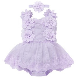 FYMNSI Newborn Baby Girl 1st Birthday Outfit Lace Dress Sleeveless Bodysuit Dress with Flowers Headband, Purple