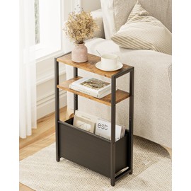 Apetaccat Narrow Side Table End Table, 3-Tier Side Table with Storage Bag, Narrow Nightstand for Small Spaces, Bedside Table for Living Room, Bedroom, Rustic Brown